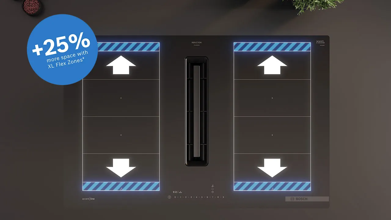 Bosch Kochfeld mit integriertem Dunstabzug. Draufsicht mit grafisch markierten, erweiterten XL Flex-Zonen und Richtungspfeilen auf der Oberfläche, oben links ein blauer Info-Button mit Text.