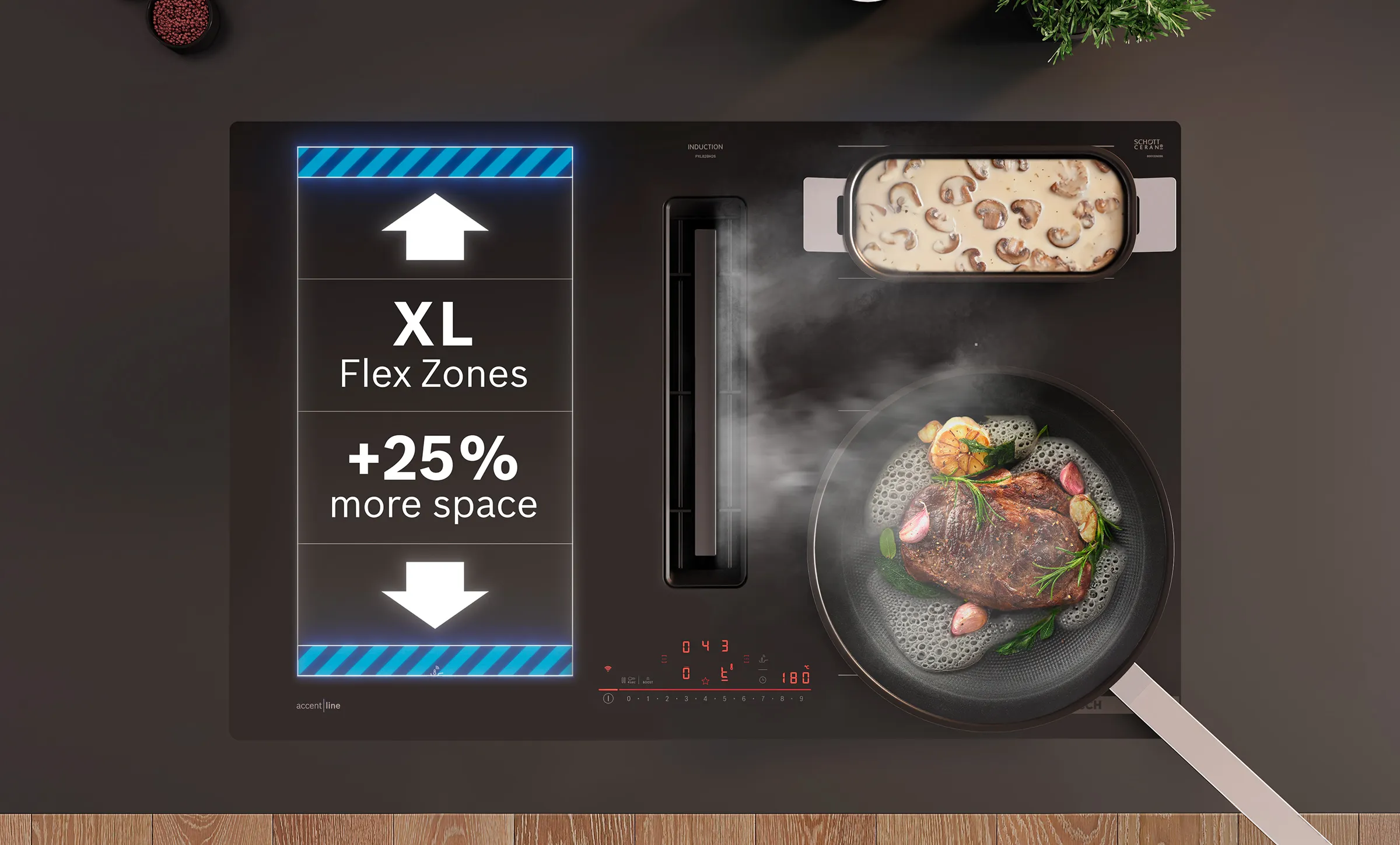 Bosch Kochfeld mit integriertem Dunstabzug. Eine Pfanne mit Steak und ein Bräter mit Pilzsauce auf dem Kochfeld, links eine grafisch markierte XL Flex-Zone mit dem Text ‚XL Flex Zones +25% more space‘.