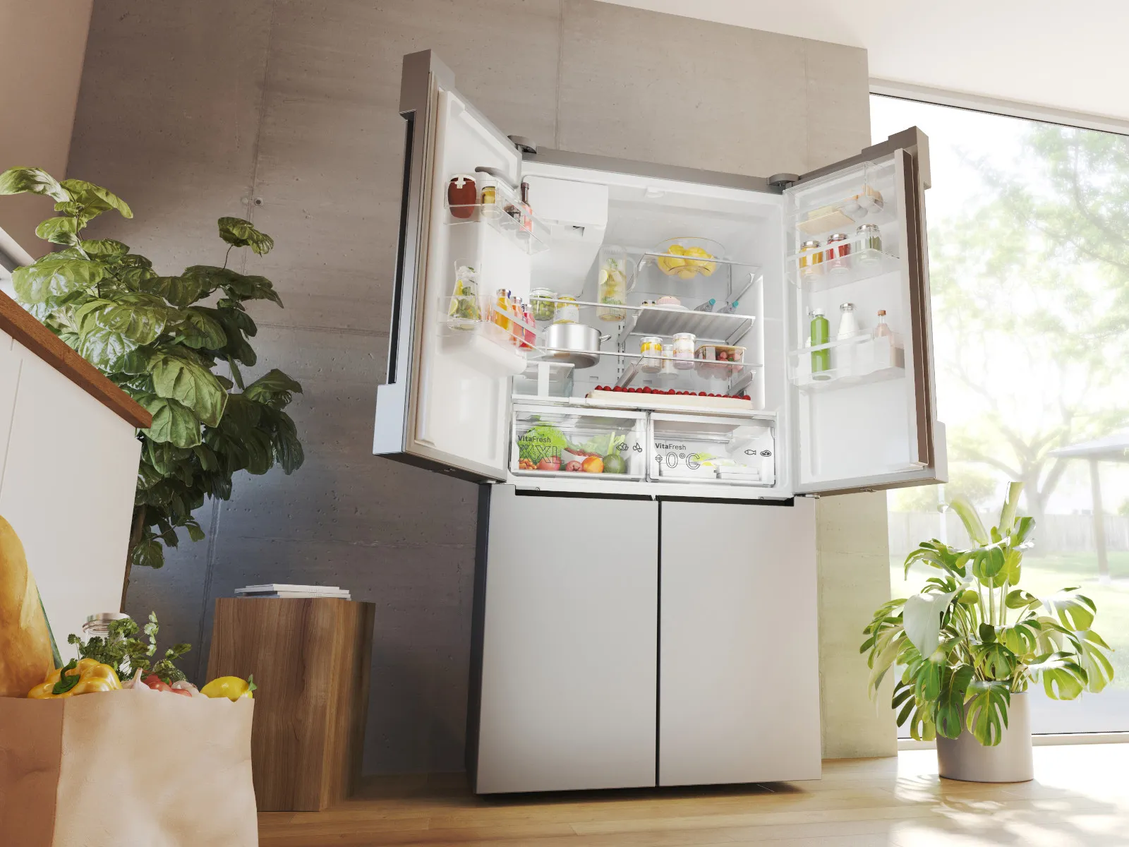 Bosch-multi door kombinerade kyl och frys med modern design och smarta kylfunktioner.