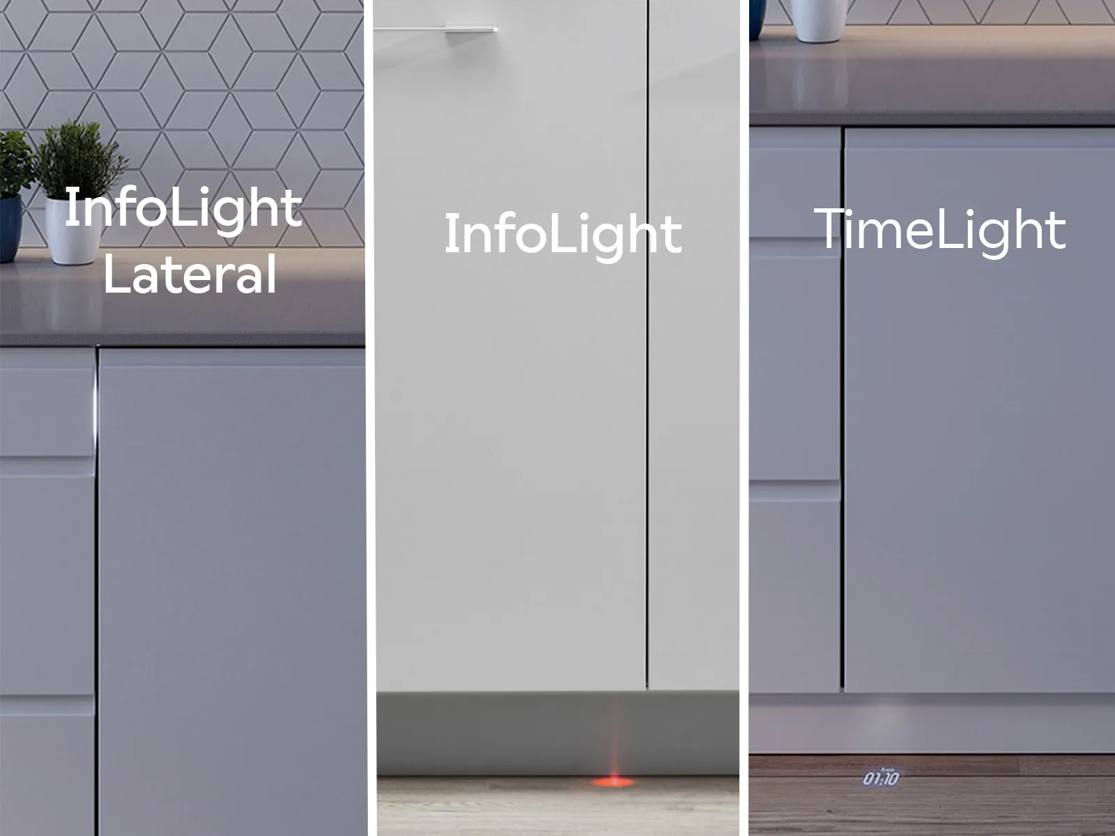 Lavavajillas integrable Balay con iluminación TimeLight blanca en suelo de madera, InfoLight roja en suelo de madera, InfoLight lateral blanca.