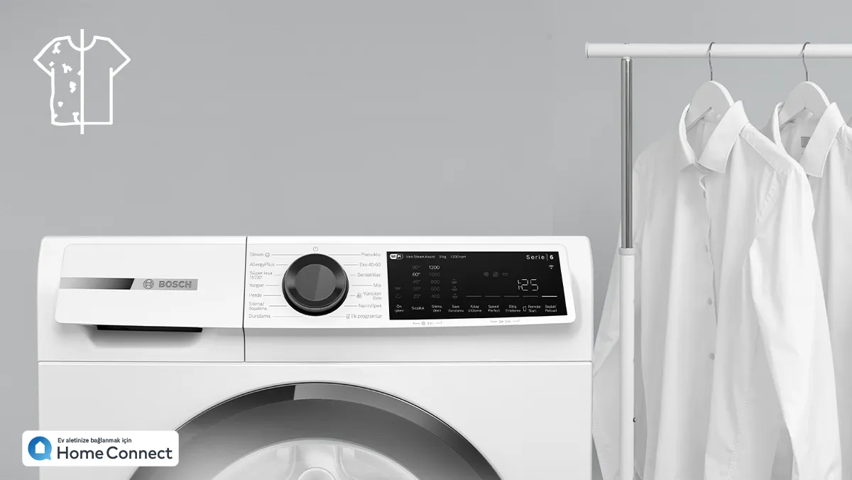 Bosch Home Connect çamaşır makinesi ve temiz beyaz gömlekler.