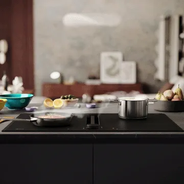 An induction cooktop, featuring a frying pan with sizzling food and a pot simmering, surrounded by fresh ingredients.