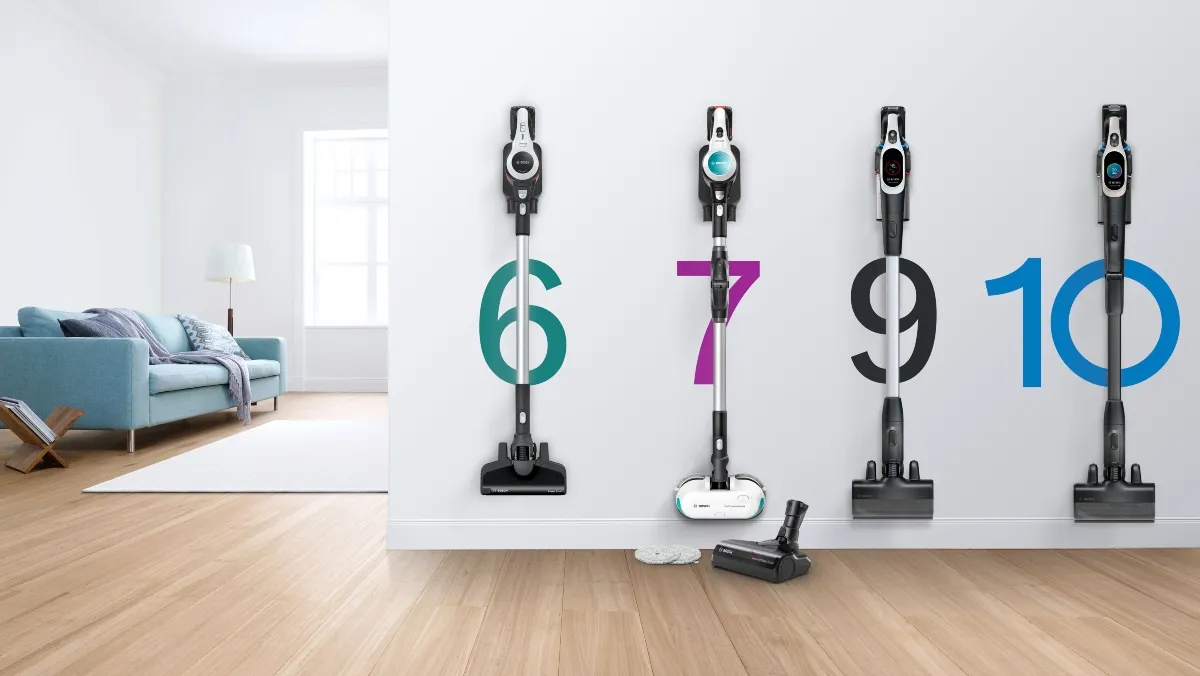 Different Bosch Unlimited Vacuum Cleaners lined on wall with 10 year motor warranty icon