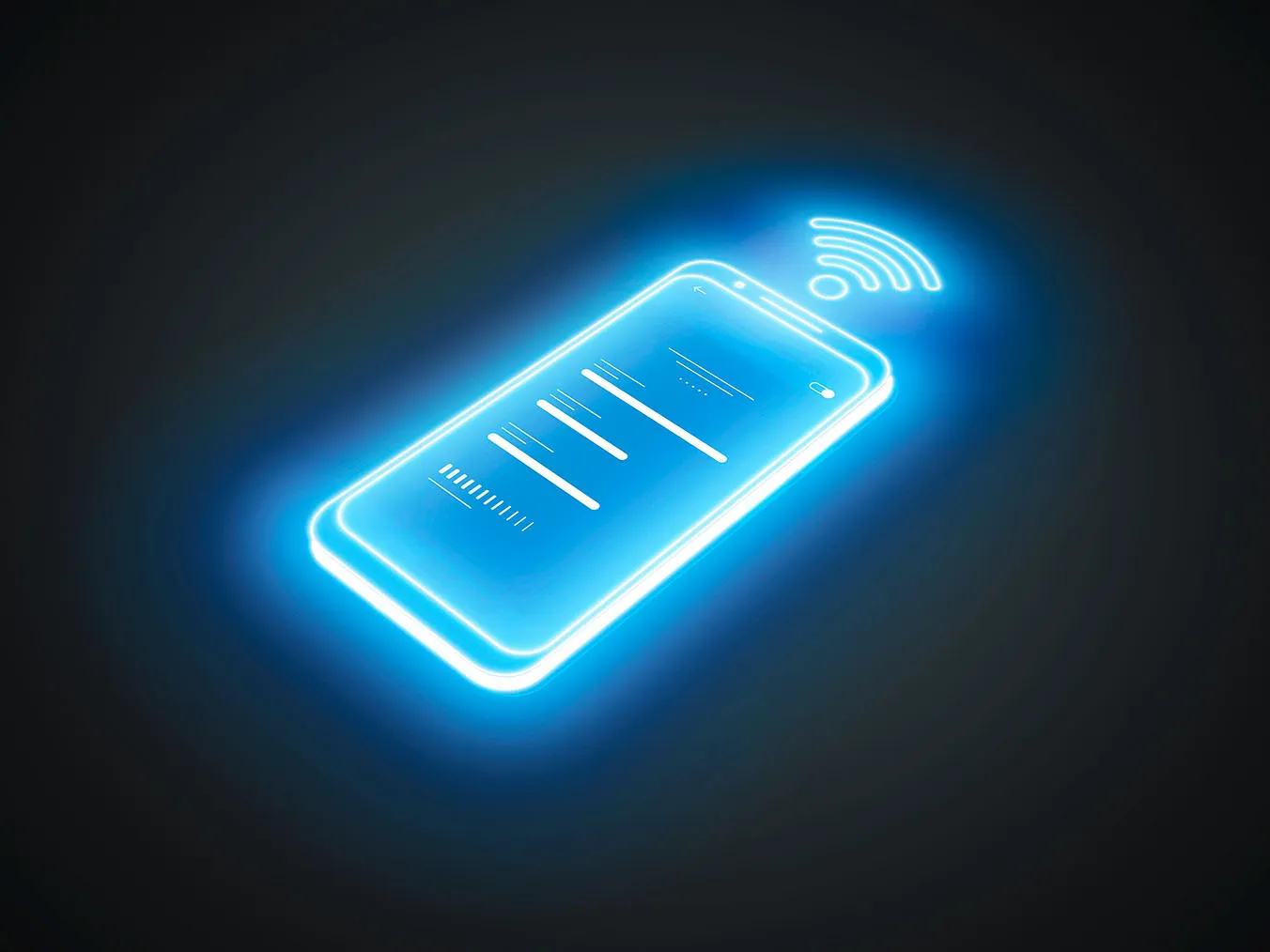 Silhouette lumineuse bleue au néon d'un smartphone, avec des ondes de signal Wi-Fi, sur un fond sombre.