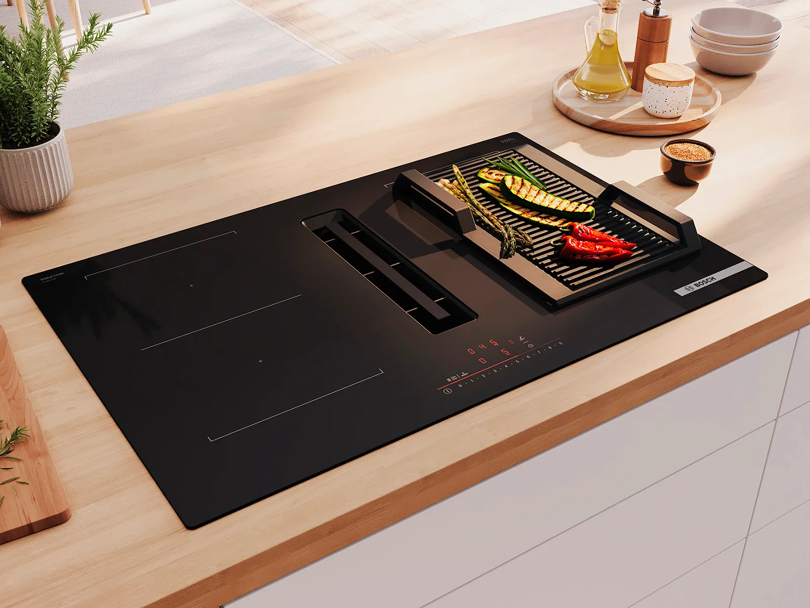 A kitchen countertop featuring a black grill with colorful vegetables.