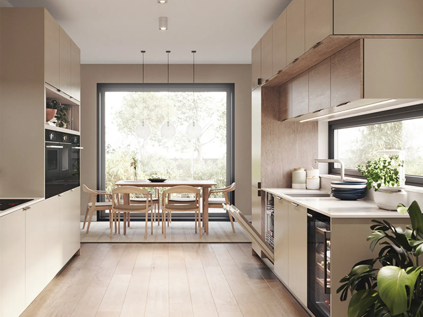Modern kitchen with beige cabinets, wooden accents, and a dining area.
