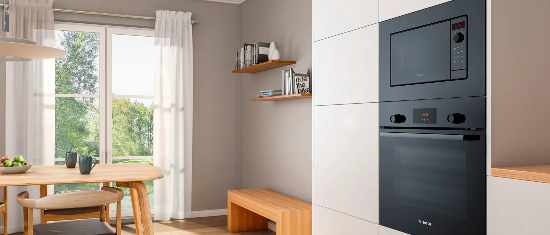 Micro-ondas Bosch embutido, integrado de forma contínua em cima de um forno, numa moderna cozinha branca e de madeira.
