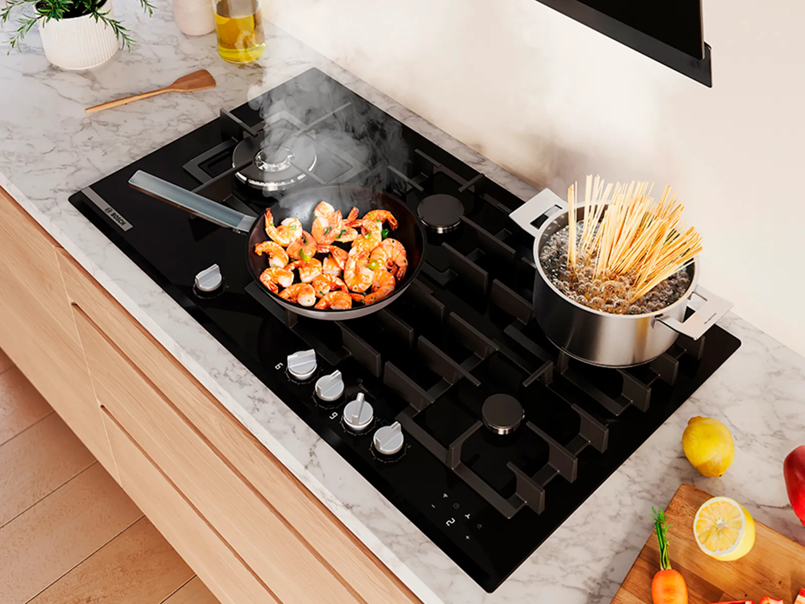 A modern kitchen stovetop with shrimp cooking in a pan, pasta boiling in a pot, and colorful vegetables.