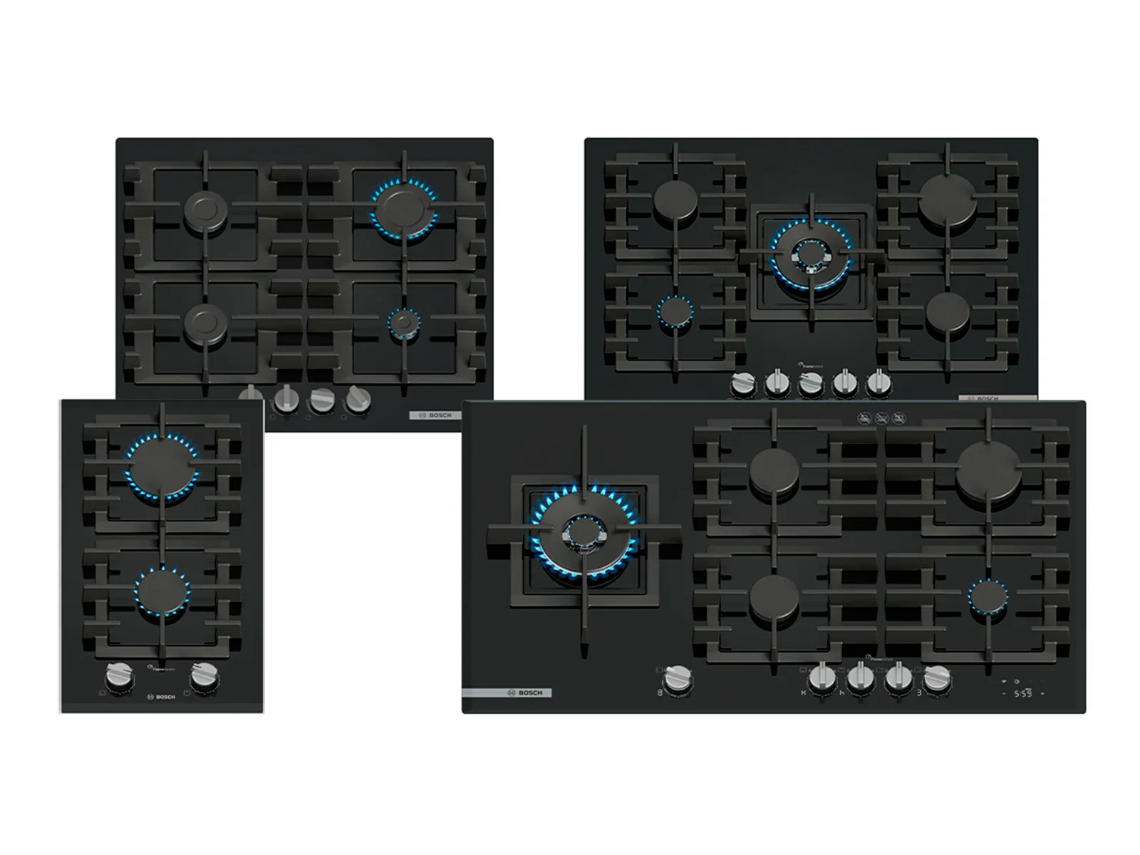 Sleek black Bosch gas cooktops with blue flame indicators, staggered on a light grey background. 