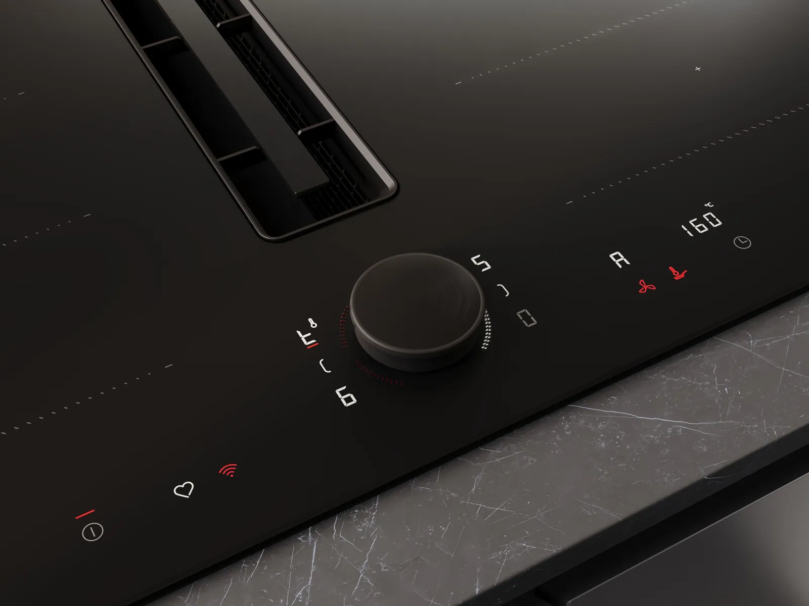 Detailansicht des Twist Pad Flex® auf einem NEFF Matt Black Kochfeld mit sichtbarer Temperatur- und Lüfteranzeige im Bedienfeld