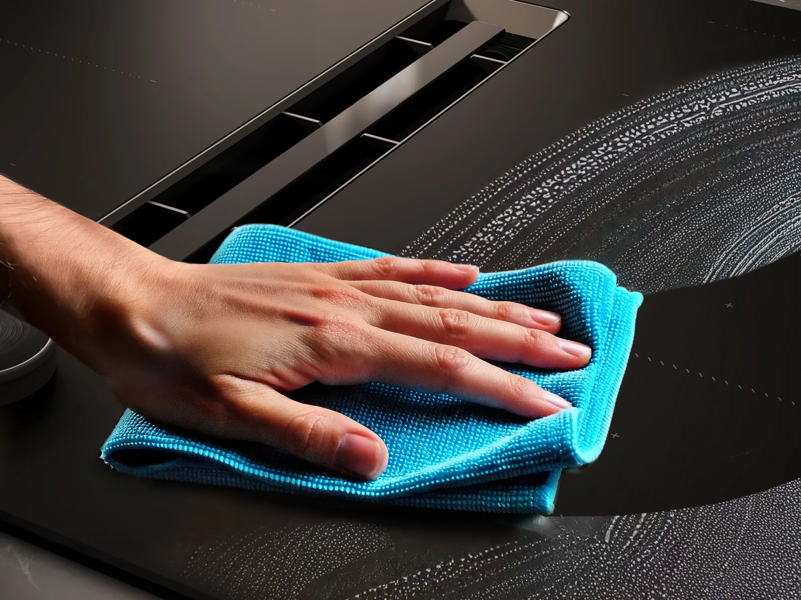 Hand wischt mit einem blauen Mikrofasertuch über die Oberfläche des NEFF Matt Black Kochfelds mit integriertem Dunstabzug während der Reinigung