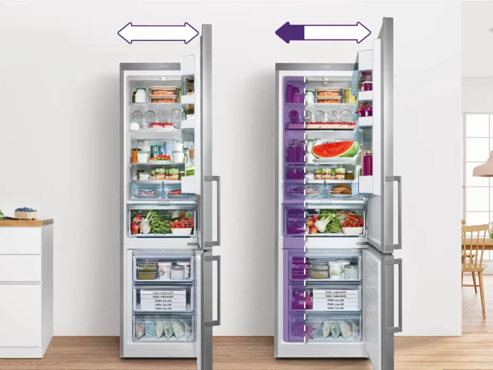 A modern kitchen features a spacious refrigerator filled with food, marked as XXL size, set against a light green wall.