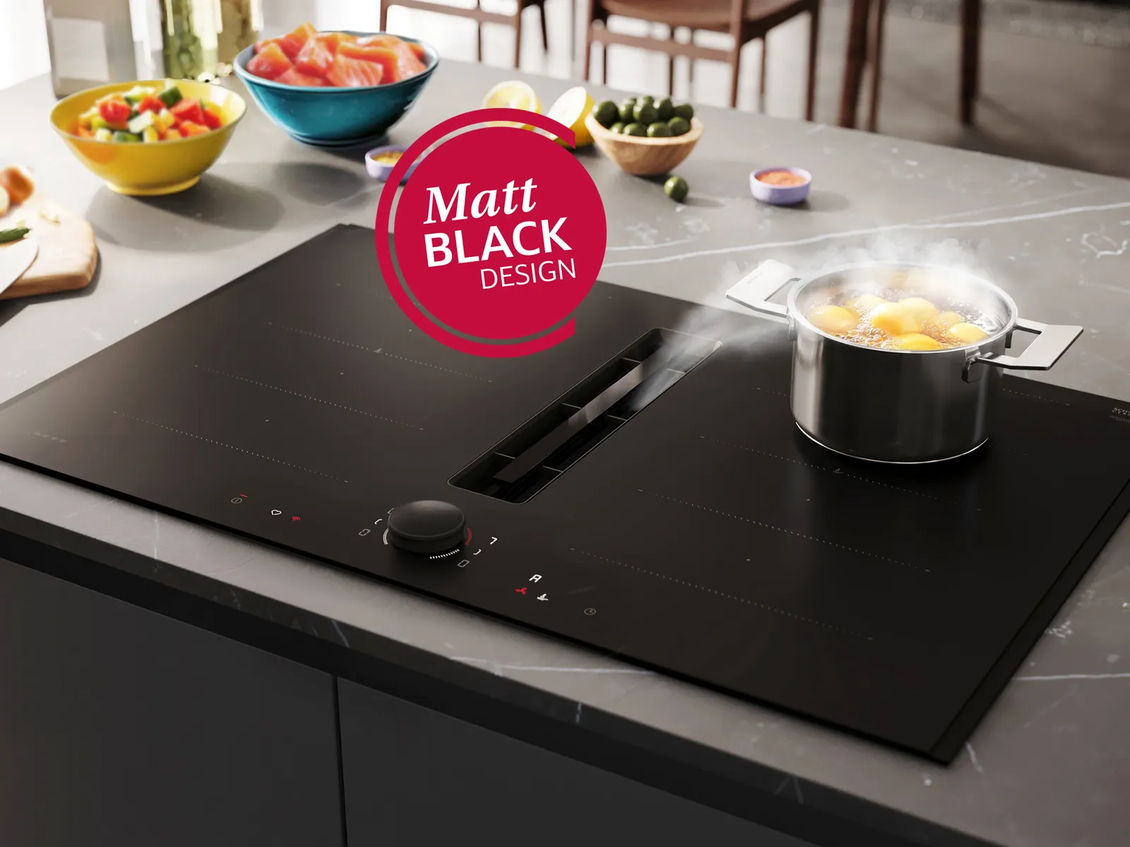 A sleek black induction hob with a pot of boiling eggs; surrounded by fresh vegetables and a knife, showcasing modern cooking design.