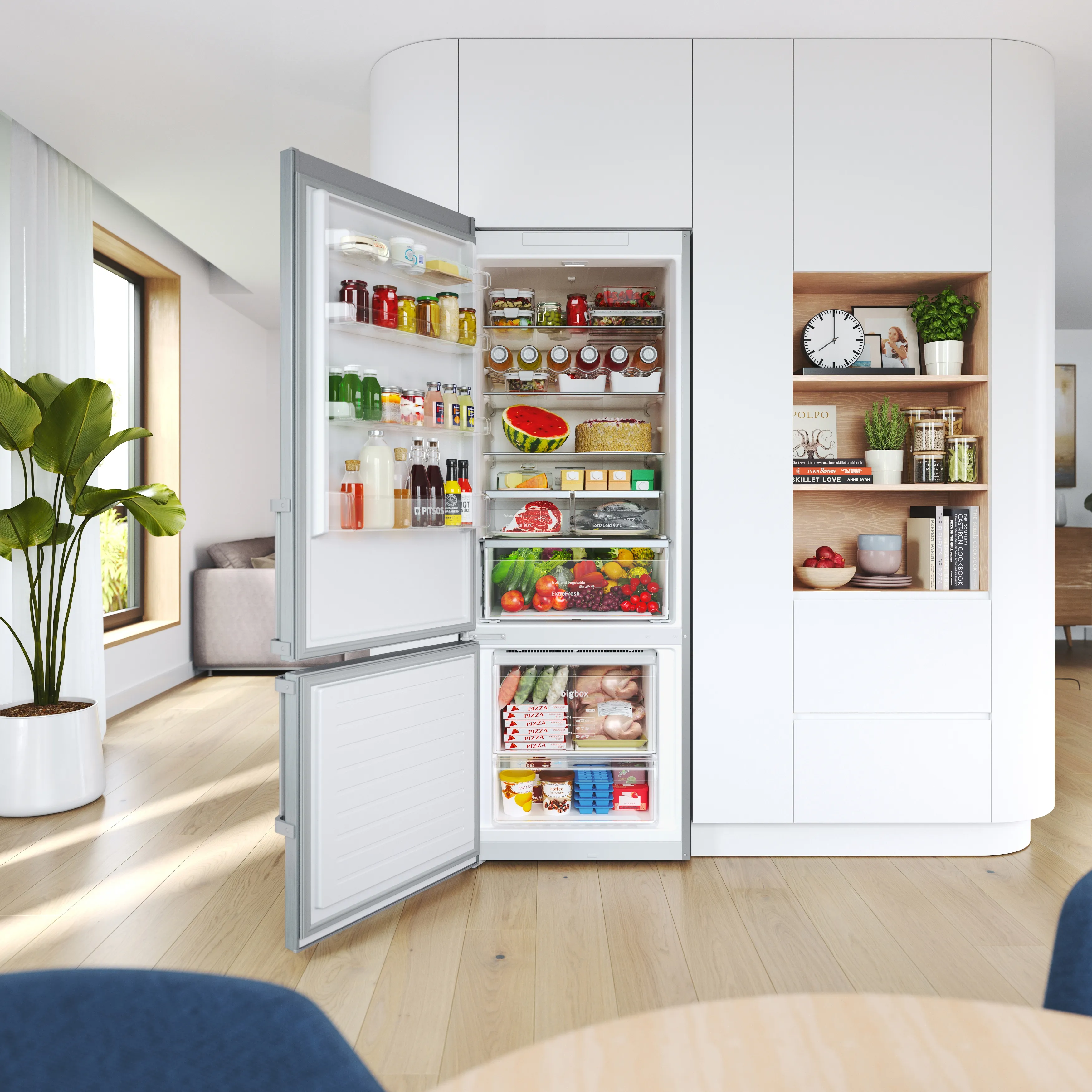 Μια κουζίνα σε λευκές αποχρώσεις με ένα ανοιχτό ψυγειοκαταψύκτη Pitsos.