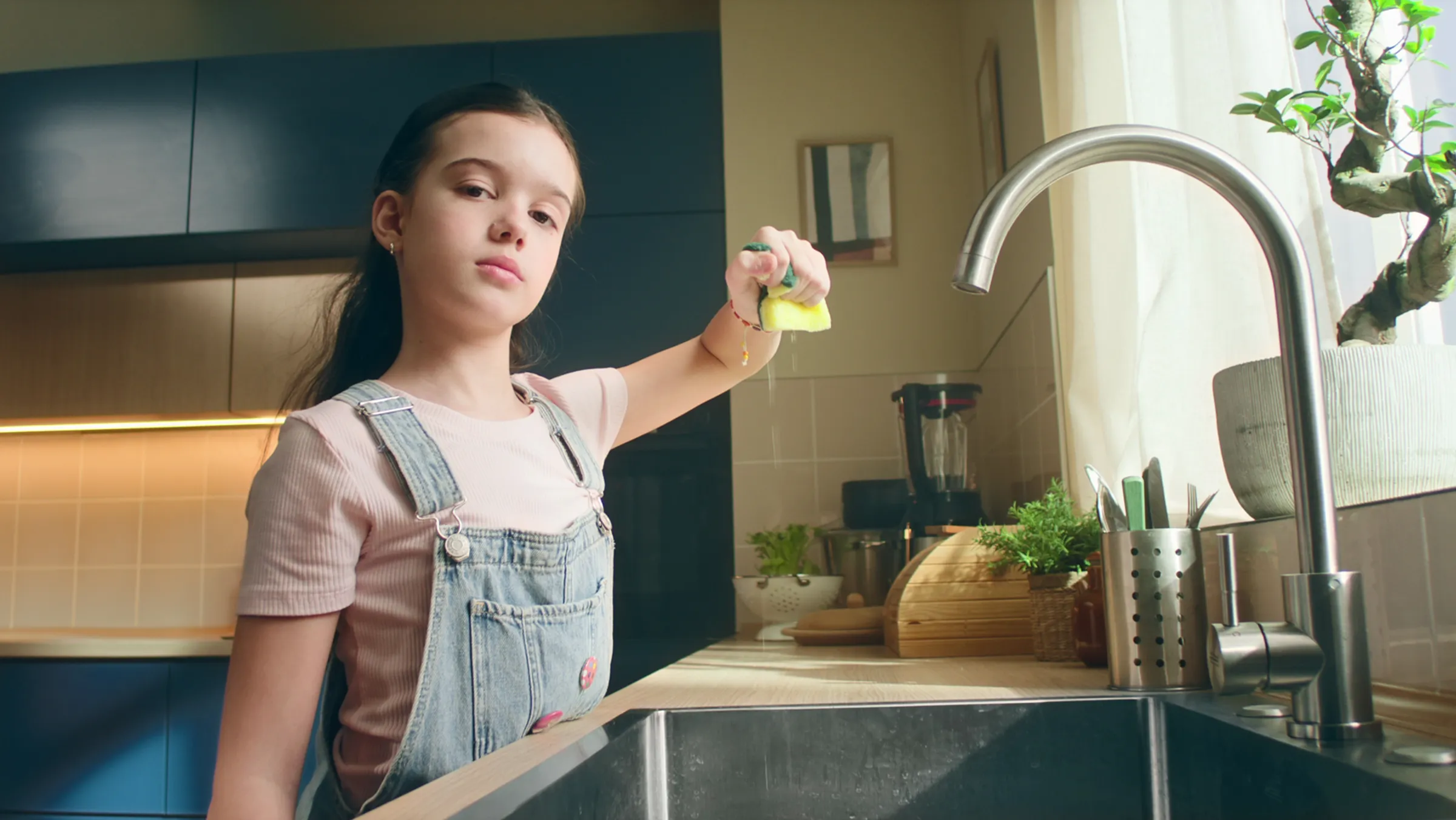 Girl in overalls holding a sponge above a kitchen sink with a faucet and plants on the windowsill