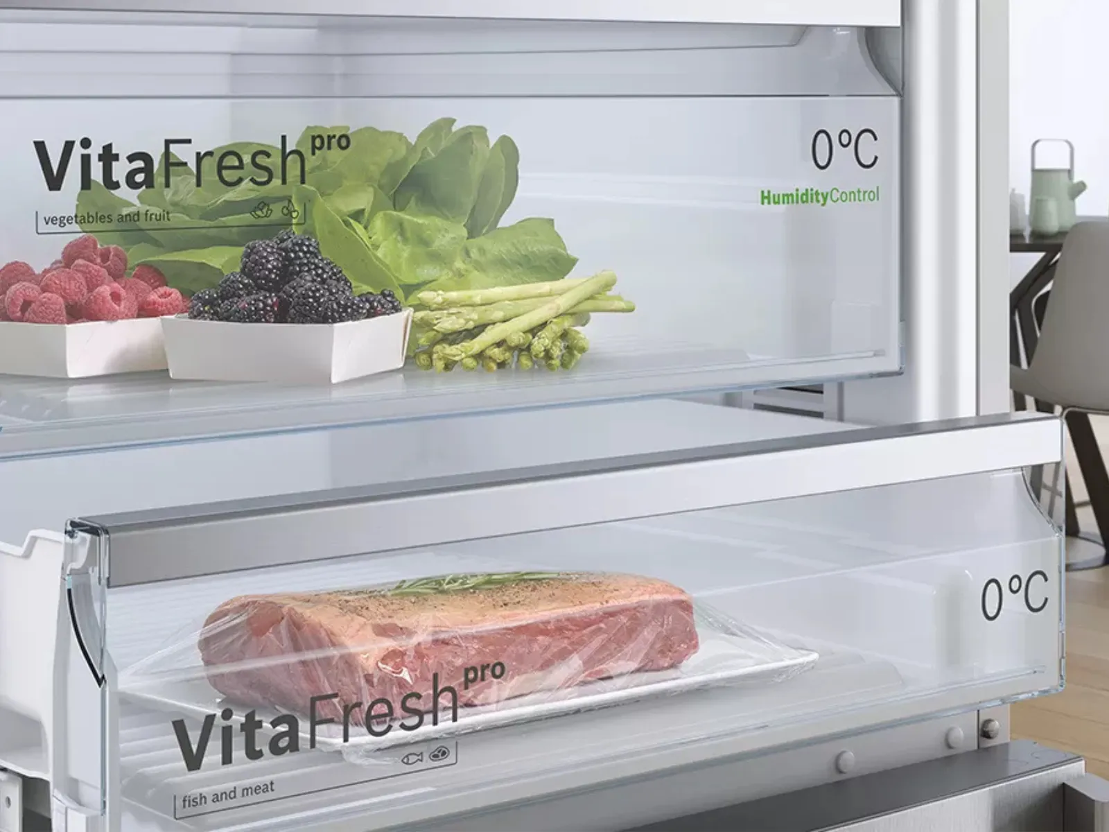 A well-organized refrigerator filled with fresh food, drinks, and condiments in storage containers.