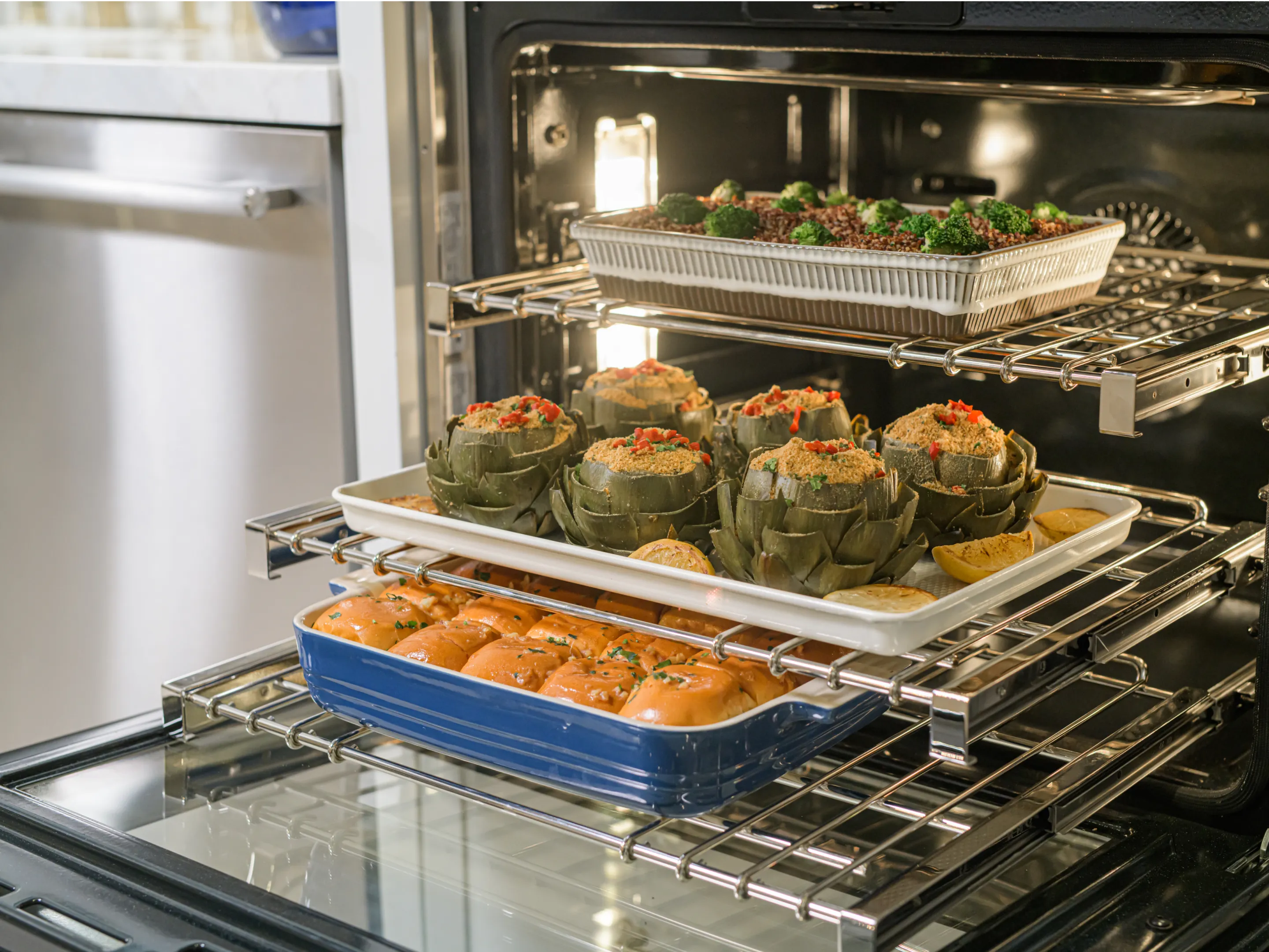 Thermador ovens closeup professional oven with food inside racks pulled out