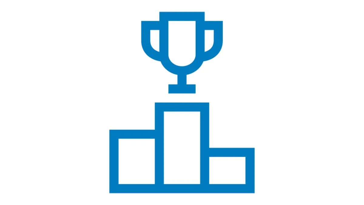 Ein blaues Trophäensymbol über einem dreistufigen Podium, das Sieg und Erfolg symbolisiert.