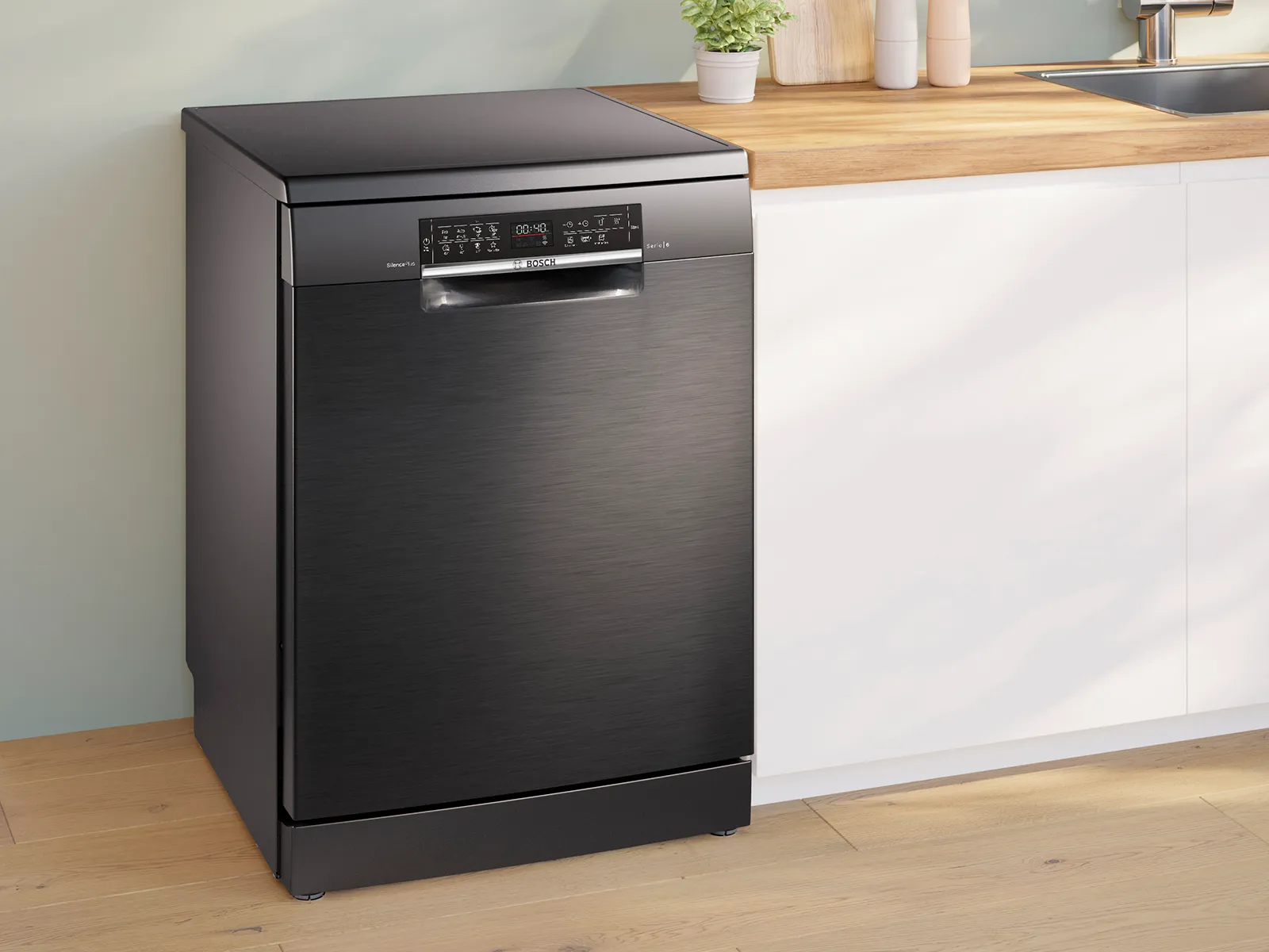 Compact 45-cm Bosch freestanding dishwasher, ideal for limited spaces while offering efficient cleaning performance.