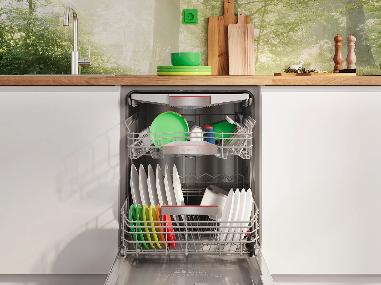 Offener Bosch‑Geschirrspüler in einer hellen Küche, beladen mit Tellern und Schüsseln.