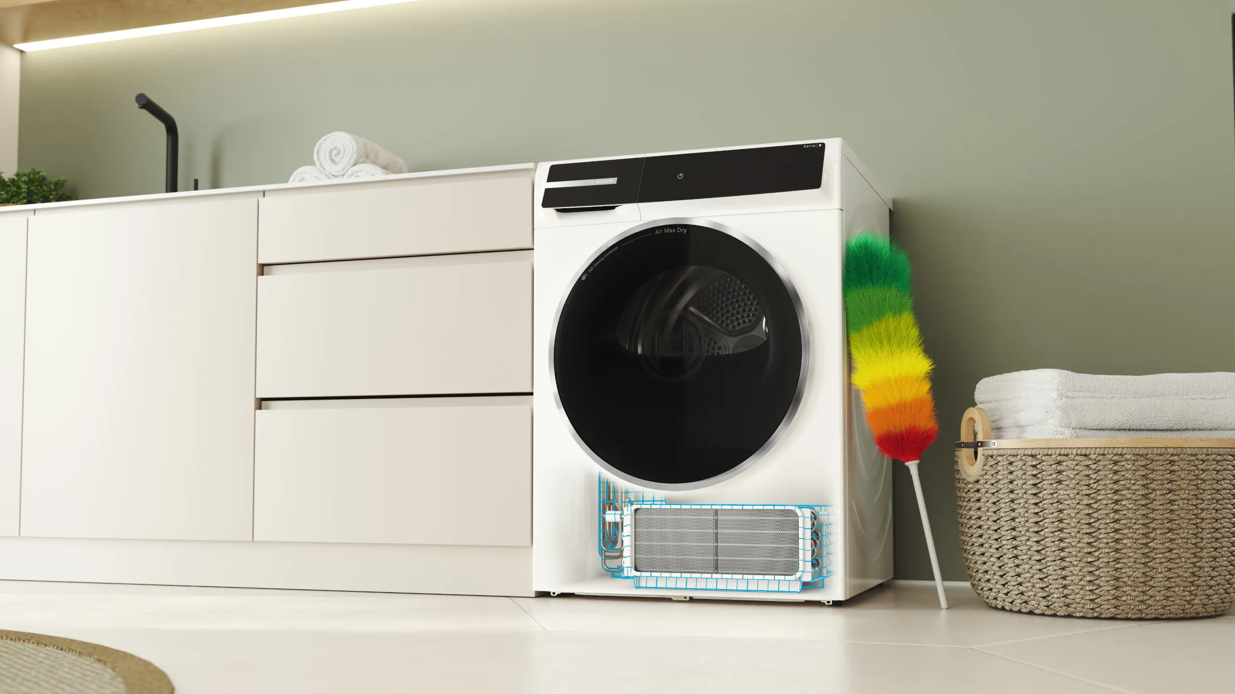 Une buanderie moderne équipée d'un sèche-linge blanc élégant, de serviettes soigneusement rangées et d'un plumeau coloré à côté d'un panier en osier.