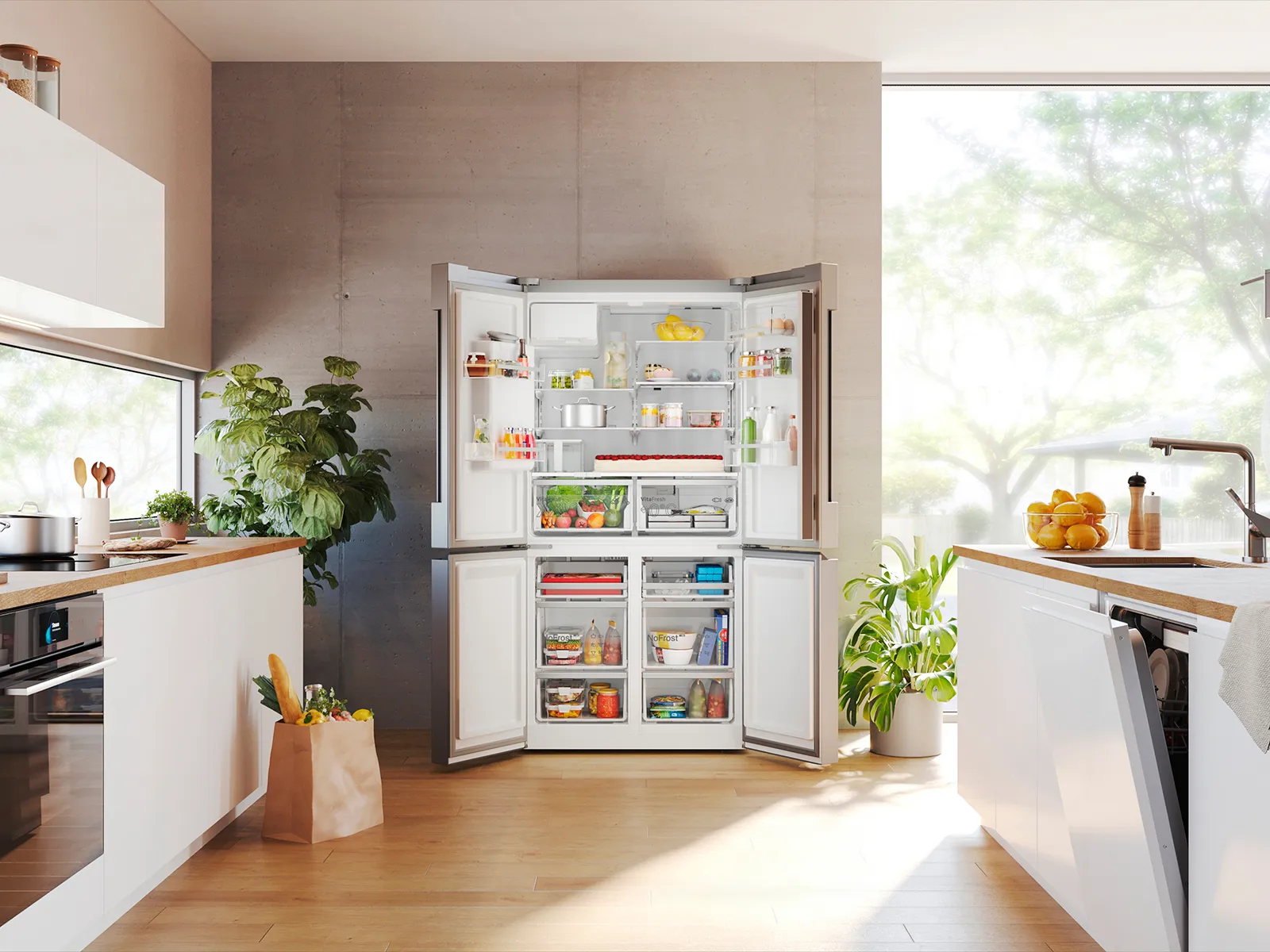 An inviting, modern kitchen full of Bosch appliances, including a big fridge-freezer with the doors open to reveal lots of food.