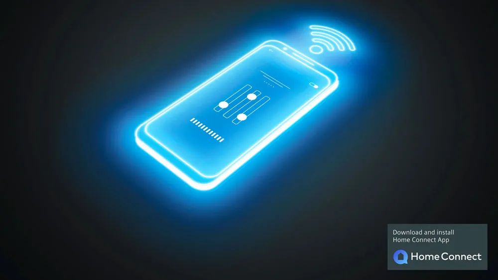 Telefono stilizzato con segnale wireless e testo 'Download and install Home Connect App'