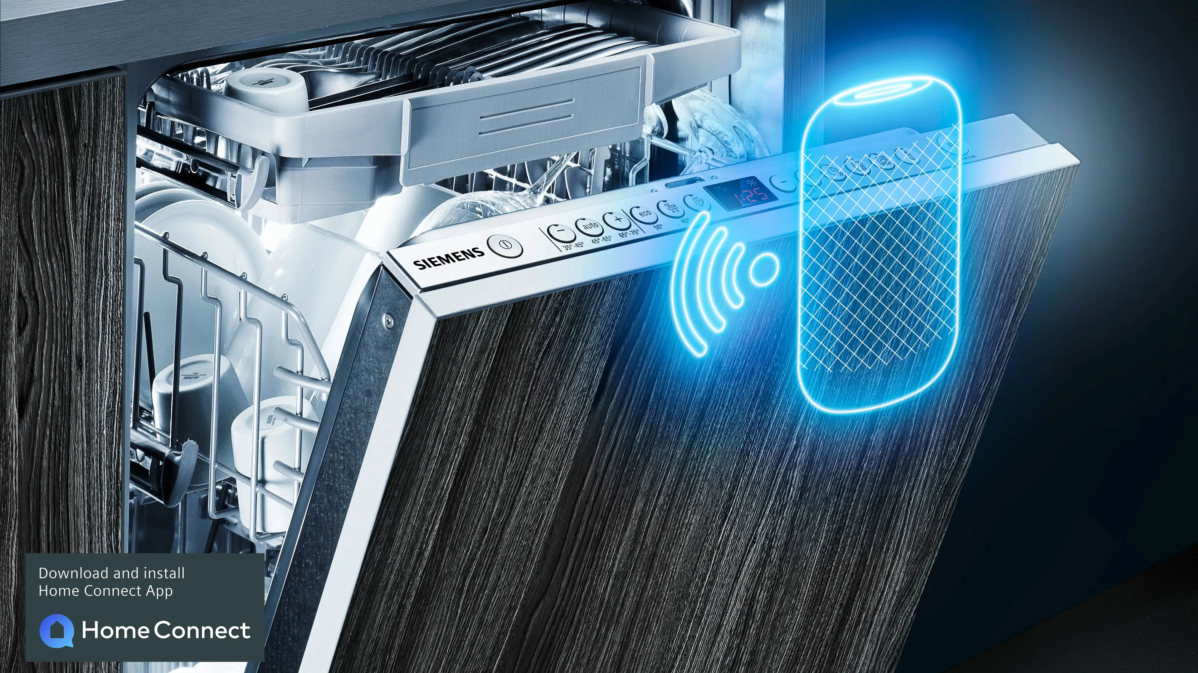 Primo piano di lavastoviglie con pannello di controllo e icona blu che simula connettività wireless
