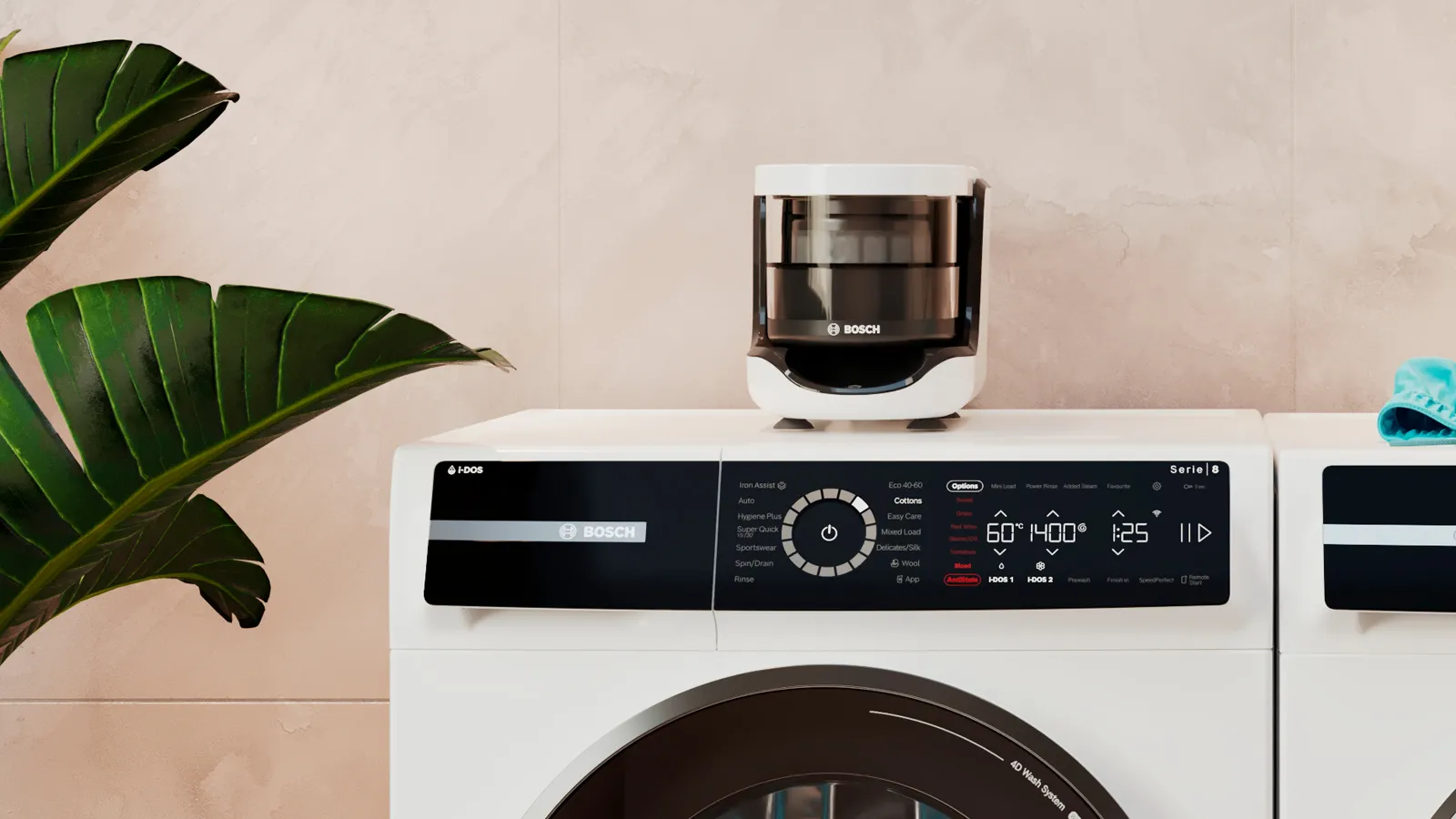 Ein Bosch Mikroplastikfilter steht auf einer Bosch Waschmaschine.