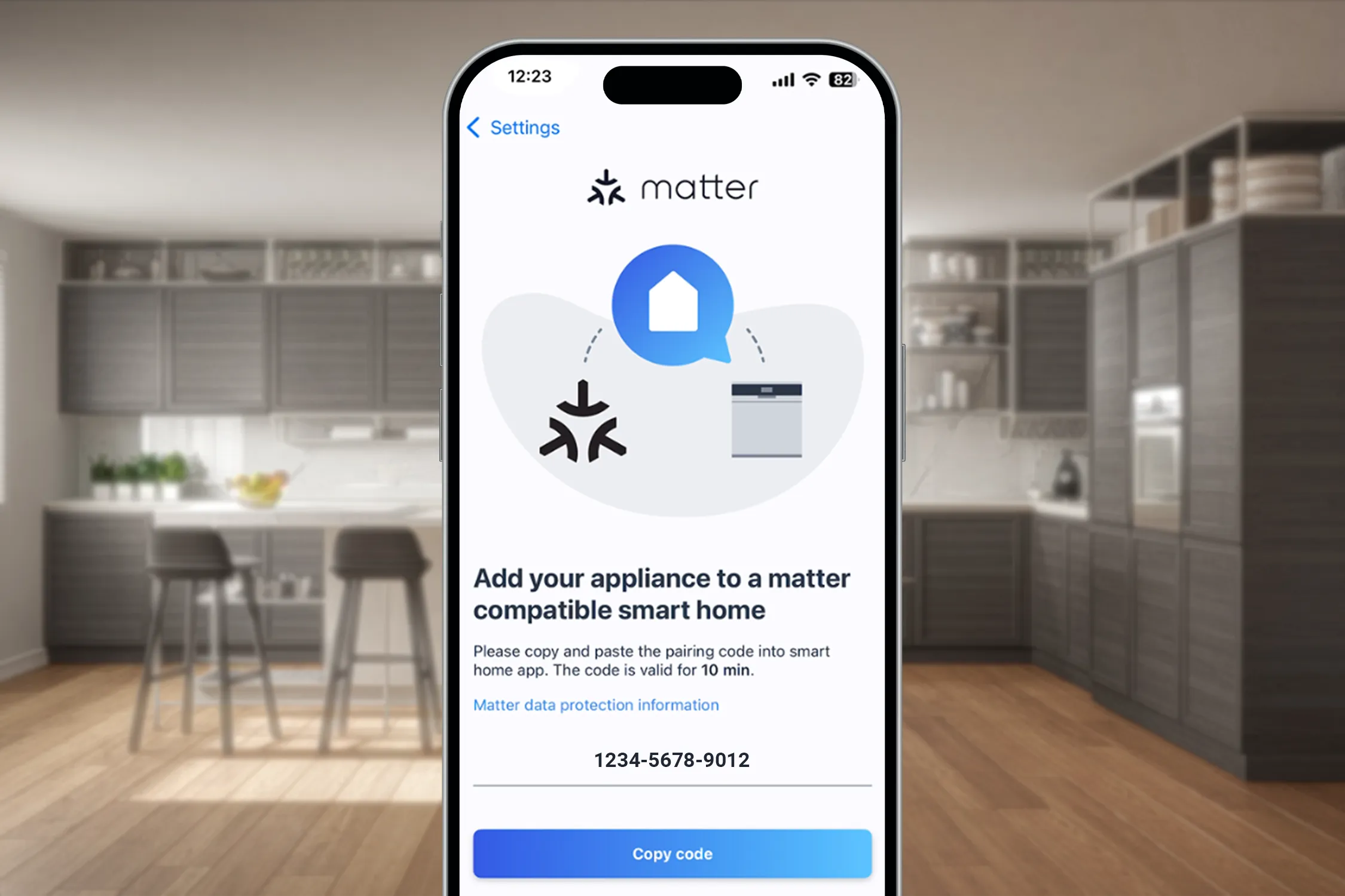 Smartphone displaying Matter app for adding appliances to a smart home, in a modern kitchen.