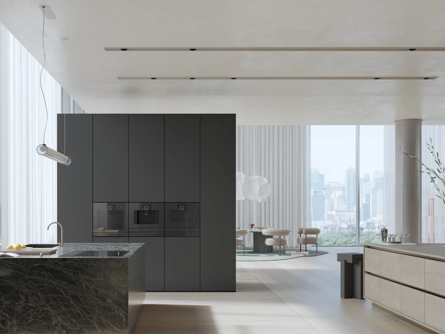 Blick in eine offene Luxusküche, ausgestattet mit Geräten der minimalistischen Serie von Gaggenau