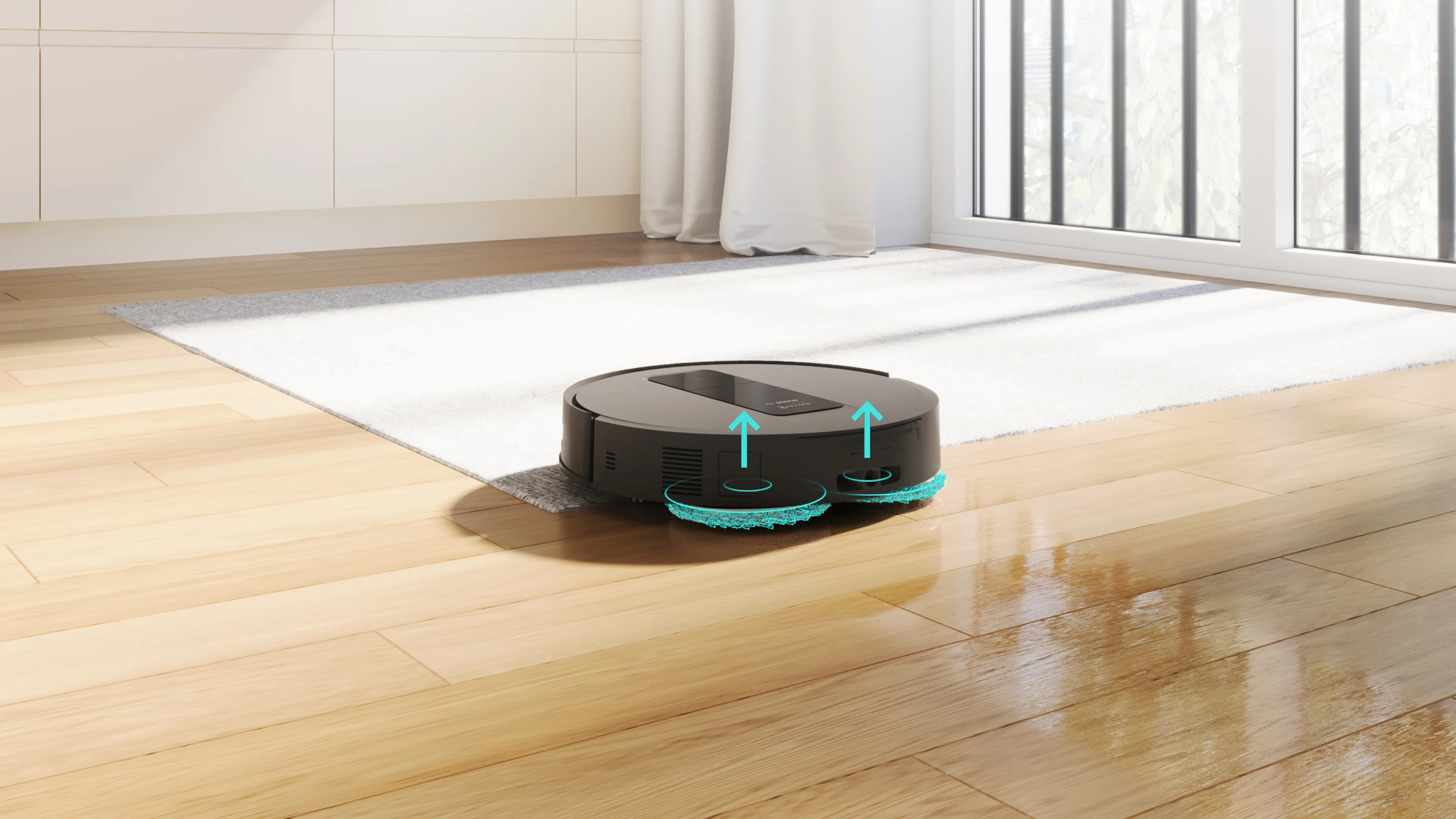Person holding smartphone with Home Connect App next to Bosch cooking appliance on kitchen counter