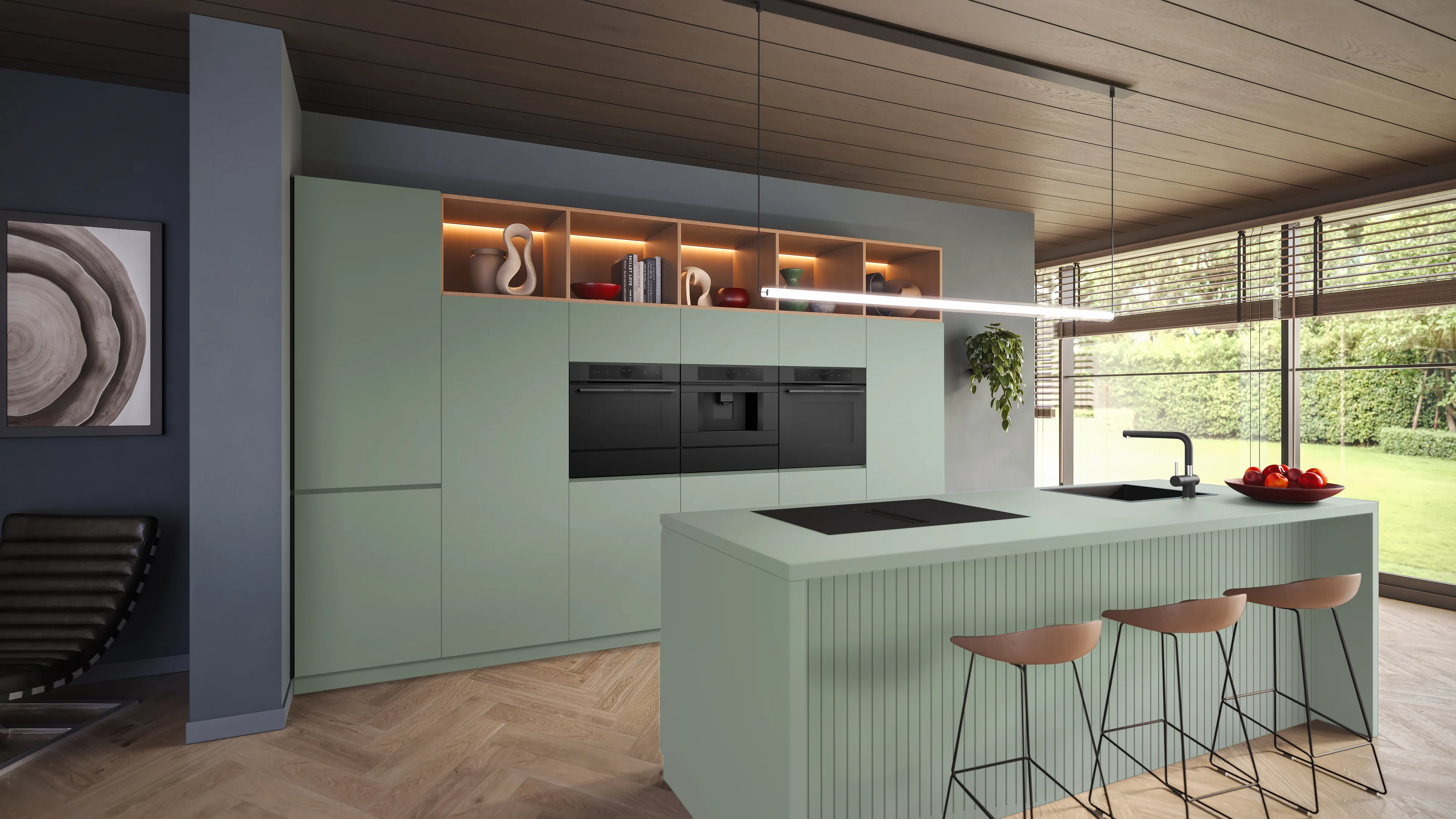 Moderne Küche mit einem eleganten Einbaubackofen, einem Toaster und minimalistischer Einrichtung mit hellen Holzelementen und weißen Schranken.