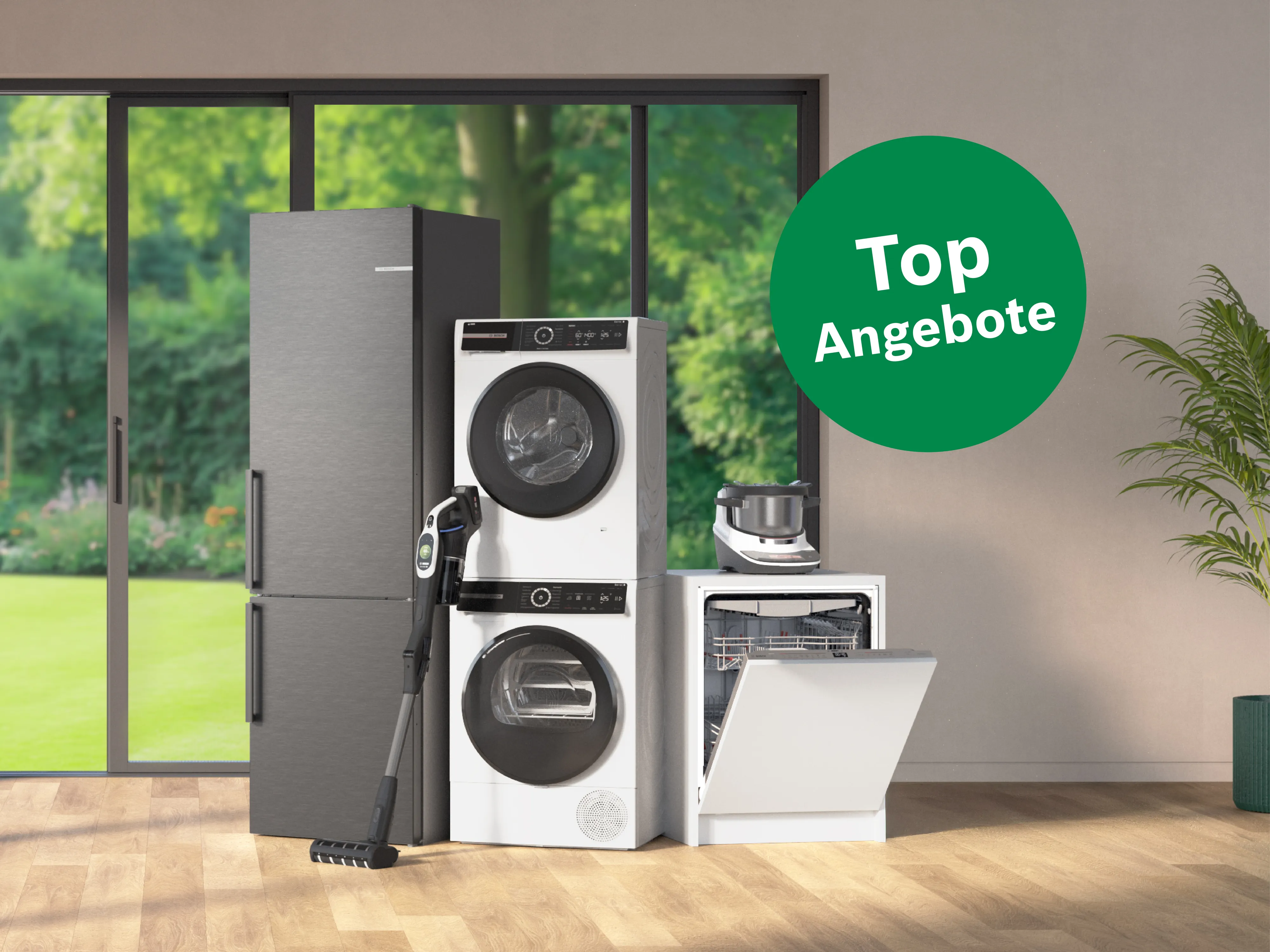 Bosch Haushaltsgeräte wie Kühlschrank, Waschmaschine, Trockner, Geschirrspüler und Staubsauger mit einem grünen „Top Angebote“-Sticker.