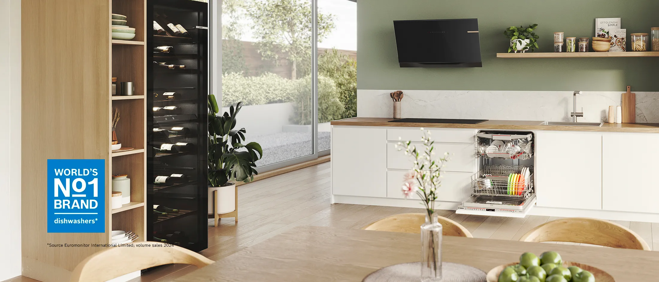 Bosch built-in dishwasher seamlessly integrated into a white kitchen design, offering a sleek appearance.
