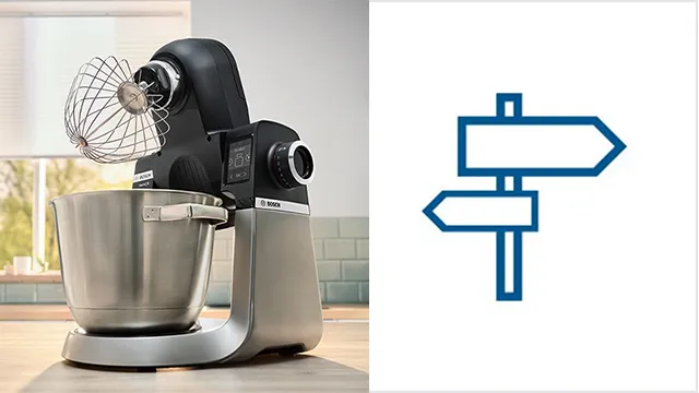 Ein Bosch Küchenmaschine steht auf einer Küchenarbeitsplatte neben einer Wegweisersgrafik, die in mehrere Richtungen zeigt.
