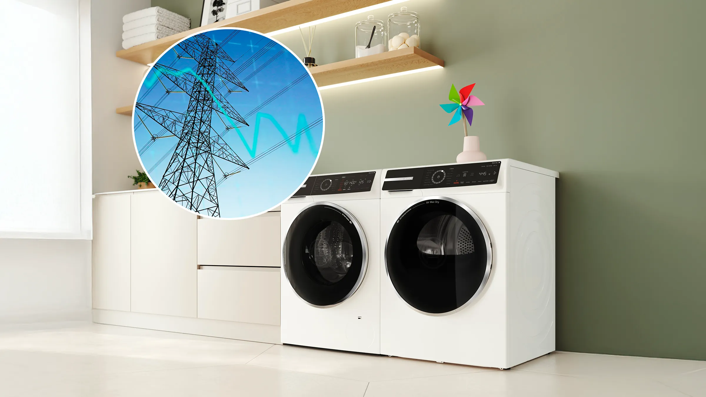 Bosch Waschmaschine und Trockner in einem hellen Raum mit einer kreisförmigen Einblendung eines Strommasts für intelligentes Energiemanagement.
