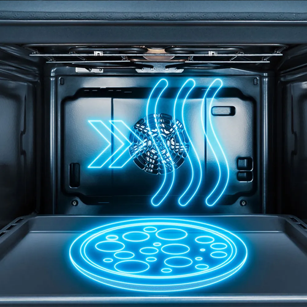 An oven interior showcasing a glowing pizza on a baking tray, with animated air circulation and heat flow graphics above it.