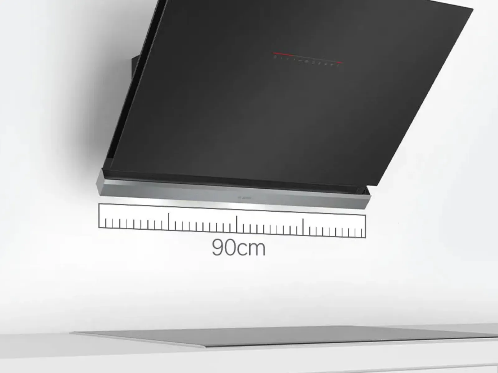 A black kitchen hood mounted above a cooktop, with a 90cm measuring scale displayed for reference.