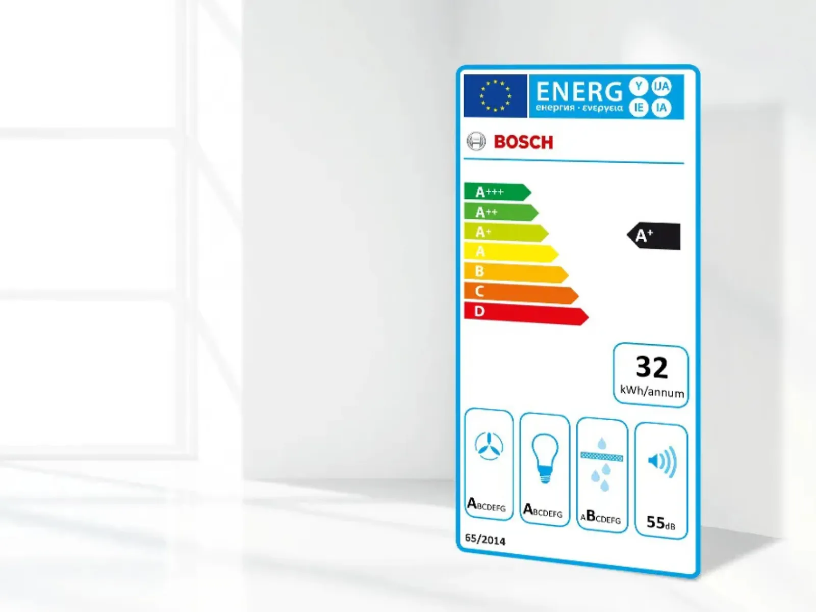 Energieeffizienzlabel für ein Bosch-Gerät, bewertet mit A+, zeigt einen Energieverbrauch von 32 kWh/Jahr und akustische Daten an.