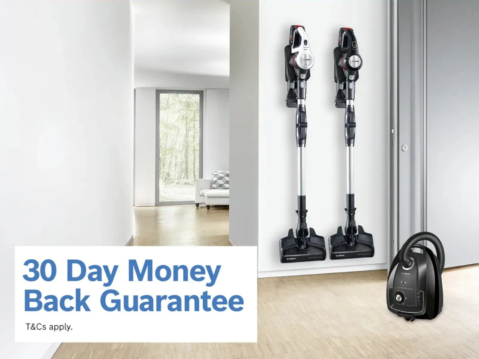 Array of bosch vacuum cleaners with a 30-day money back guarantee call out.