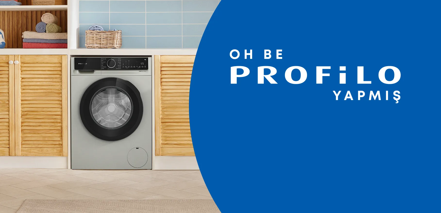 Çamaşır odasında Profilo çamaşır makinesi ve sağda "OH BE PROFİLO YAPMIŞ" yazısı.