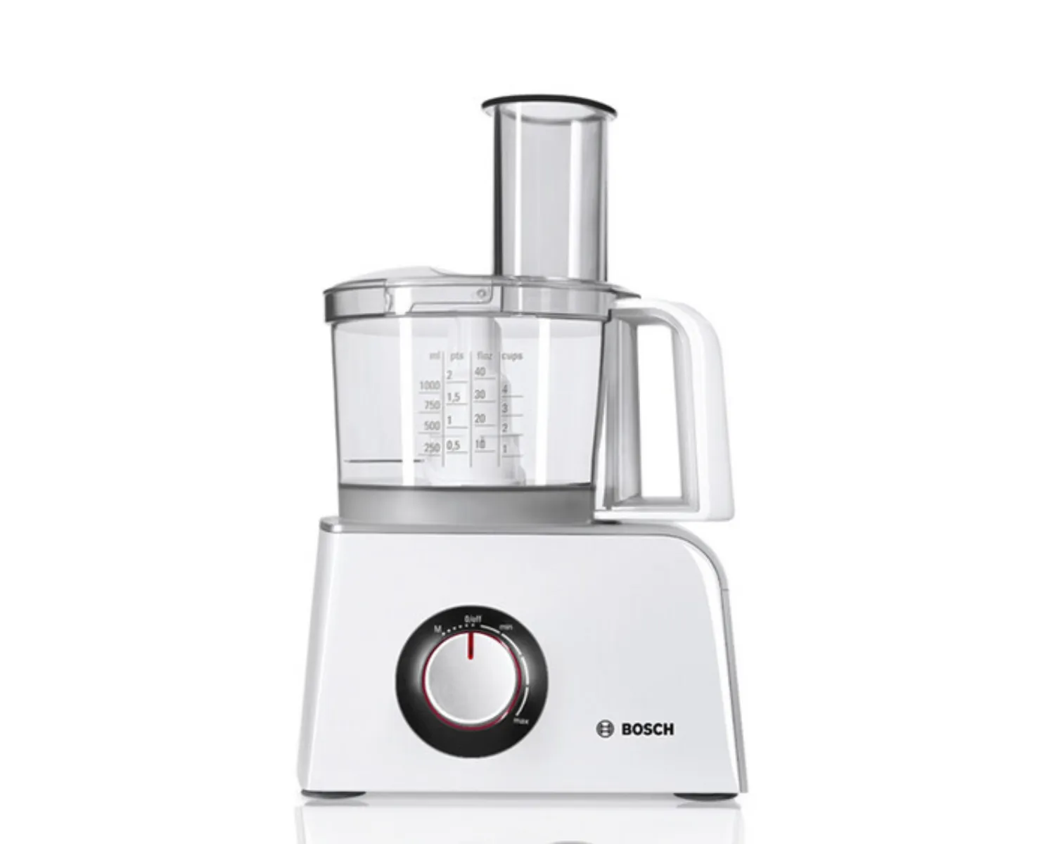 Un robot da cucina compatto tuttofare dal design elegante, in bianco.