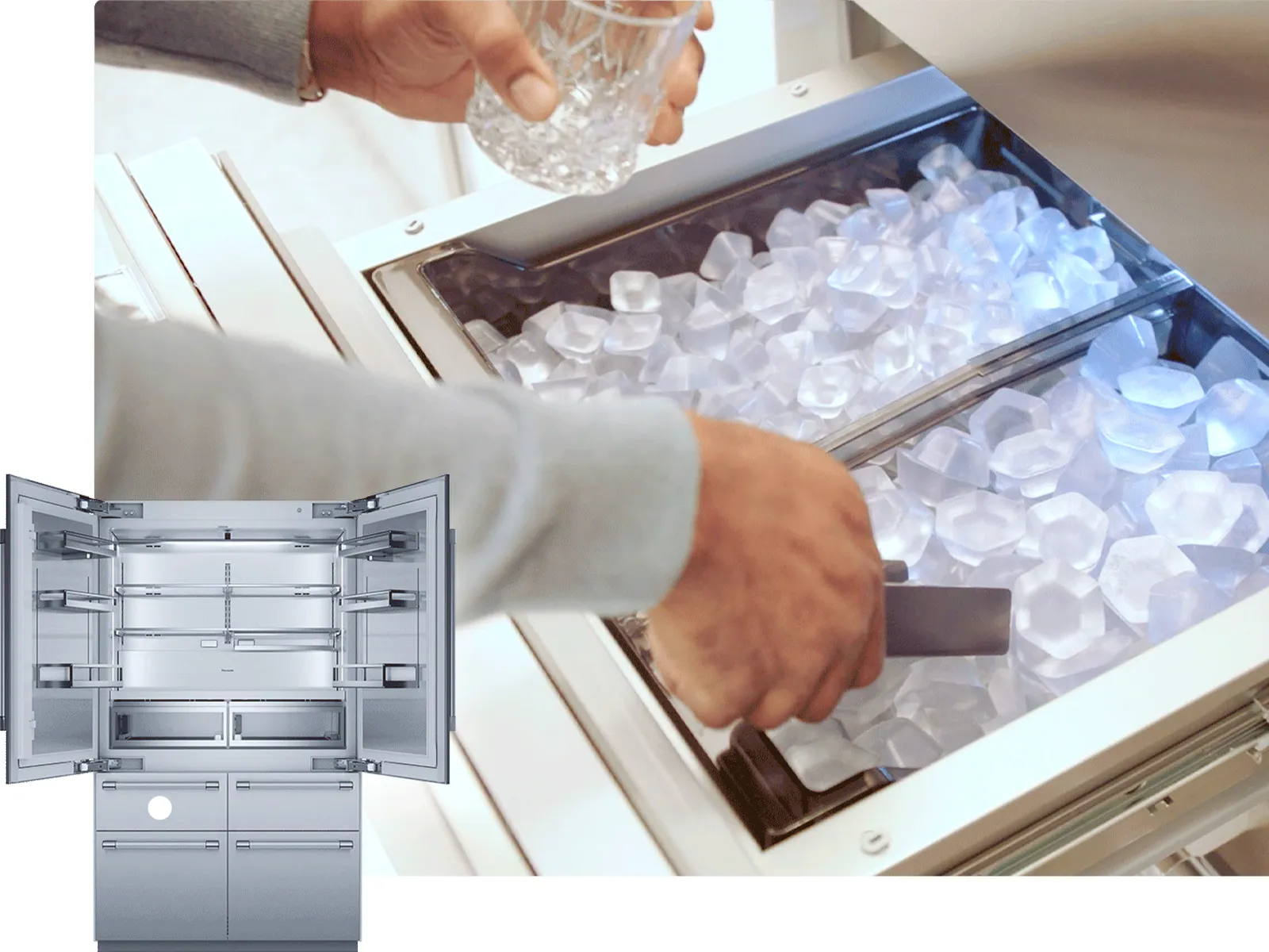 hand scooping ice from ice maker drawer