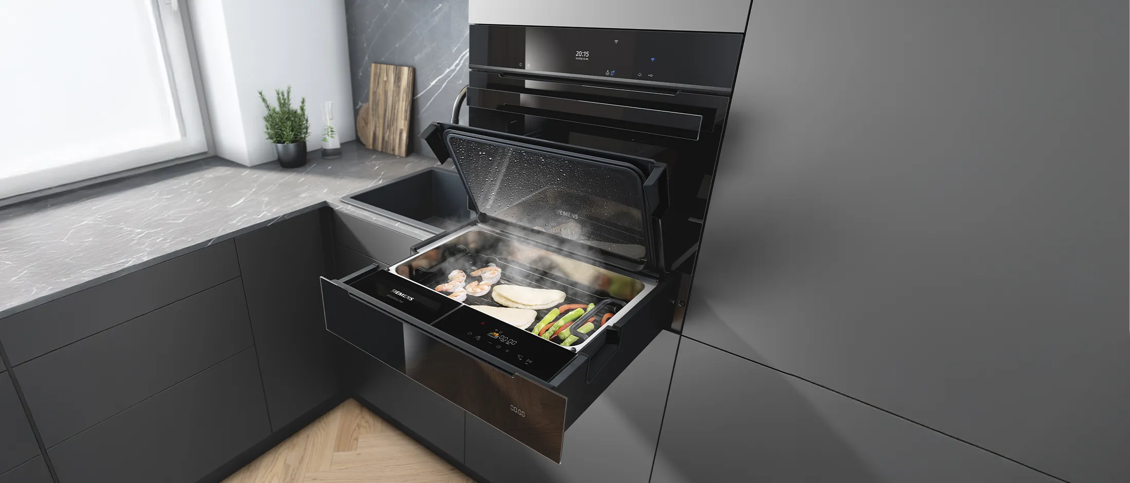 Modern kitchen with a Siemens steam oven drawer cooking seafood and vegetables.