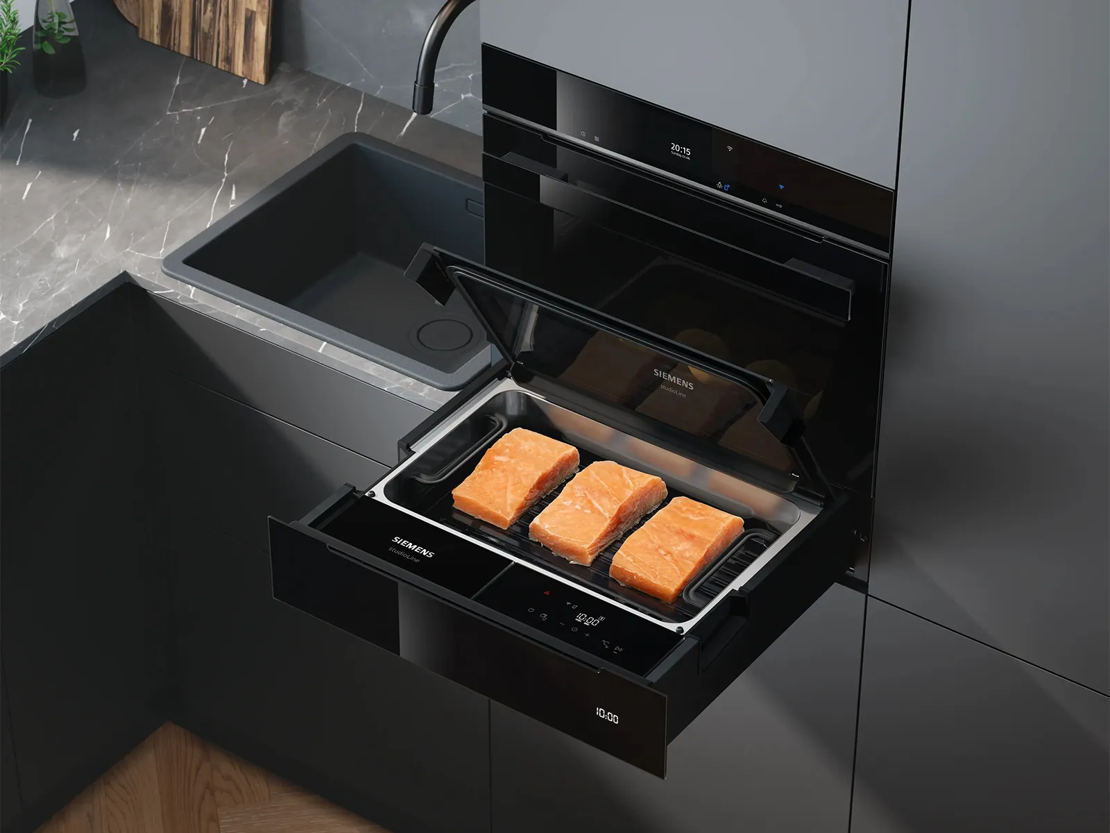 Cassetto del forno Siemens aperto con quattro filetto di salmone, situato in una cucina moderna e elegante.