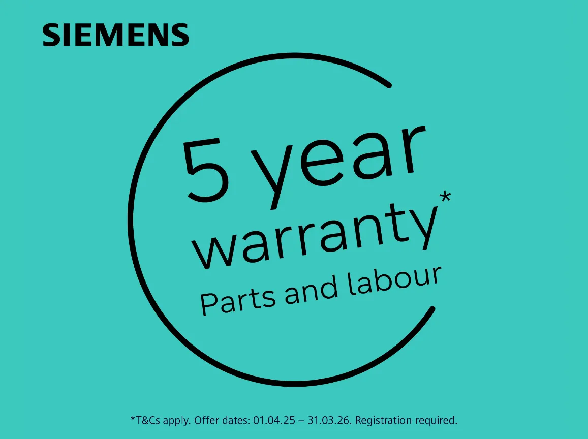 Logo: 5 year warranty when you purchase a selected Siemens appliance