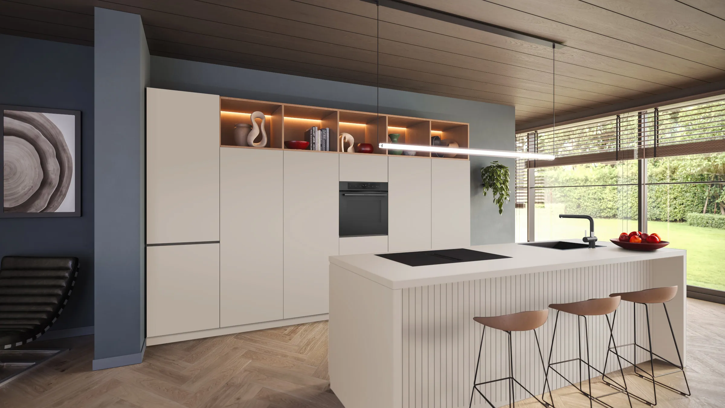 Luxuriöse beige Designküche mit Kochinsel, Barhockern und integrierten Bosch Serie 8 Einbaugeräten.