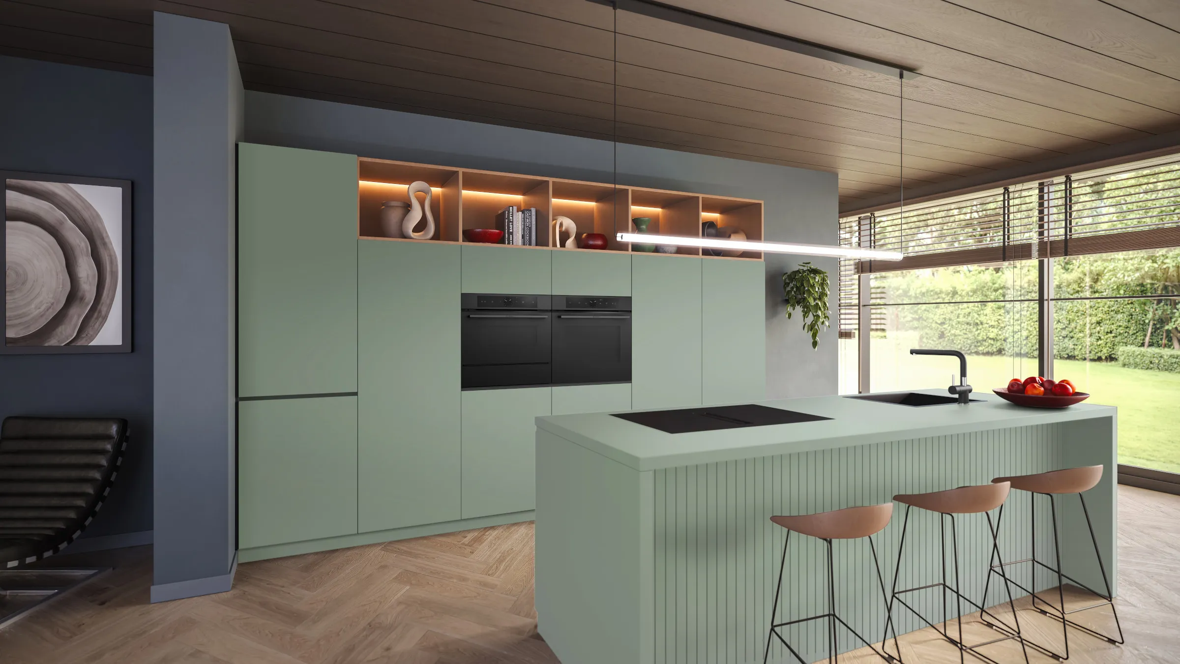 Luxuriöse salbeifarbene Designküche mit Kochinsel, Barhockern und integrierten Bosch Serie 8 Einbaugeräten.