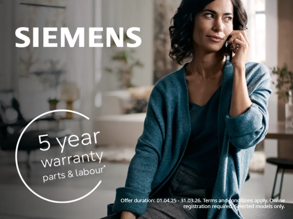 Logo: 5 year warranty when you purchase a selected Siemens appliance